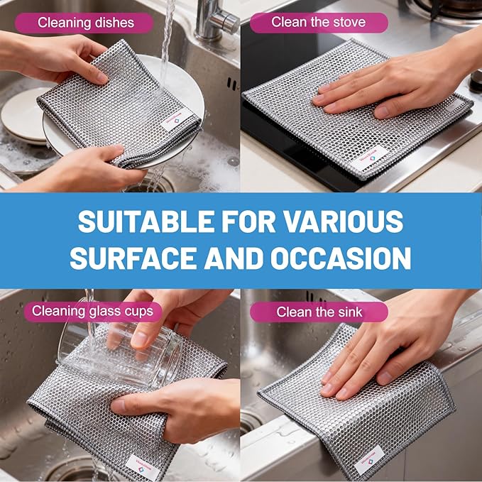 Wangjinpeng12 Pcs New Upgrade 3-Layer Metal Dish Cloths, Non-Scratch Odor-Free Multipurpose Wire Dishwashing Rags for Wet Dry Use, Kitchen Cleaning Cloths for Dishes, Sinks & Stove Tops(7.87X7.87)