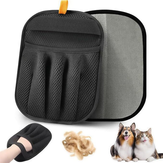 Pet Hair Removal Gloves, 2 Pack Reusable Electrostatic Cleaning Mitt for Couch, Carpet, Car Seats, Furniture, Black Mesh Design with Orange Pull Tab