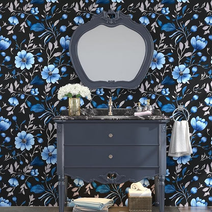 Blue Floral Peel and Stick Wallpaper, Moody Dark Flower Theme Contact Paper Stick on Bedroom Living Room Kitchen, Vintage Self Adhesive Removable Wall Paper Dark Black Blue 17.5In x 118In