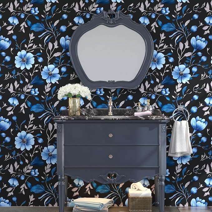 Extra Long Dark Floral Peelable Wallpaper, 17.5In x 393In Vintage Blue Floral Design Wall Paper Stick on Bedroom Living Room Cubicle, Botanical Self Adhesive Removable Contact Paper Black Blue