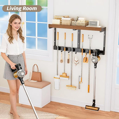 Broom Holder Wall Mount with Cleaning Supplies Organizer, Laundry Room Shelves with Mop Hanger Rack Gripper Hooks and Vacuum Organizer, Broom and Mop Organizer Wall Hanging for Home Garage Kitchen