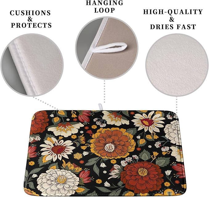 Vintage Floral Dish Drying Mat for Kitchen Counter Retro Sunflower Floral Absorbent Microfiber Dry Dish Mat Reversible Washable Dish Drainer Rack Mat 16x18 Inch
