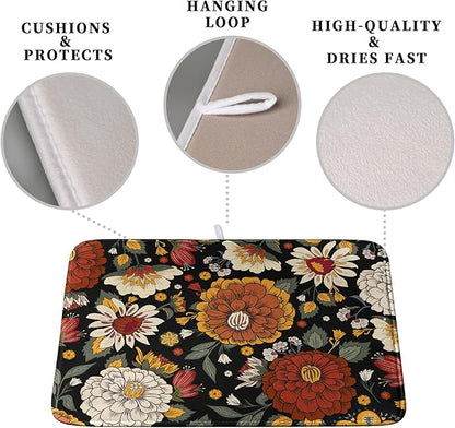 Vintage Floral Dish Drying Mat for Kitchen Counter Retro Sunflower Floral Absorbent Microfiber Dry Dish Mat Reversible Washable Dish Drainer Rack Mat Large 18x24 Inch