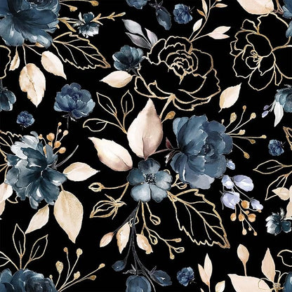 Black and Gold Floral Peel and Stick Wallpaper Self Adhesive Removable Thick Modern Dark Botanical Watercolor Navy Blue Flower Accent Wall for Bedroom Bathroom Renter Friendly 17.7" x 393.3"