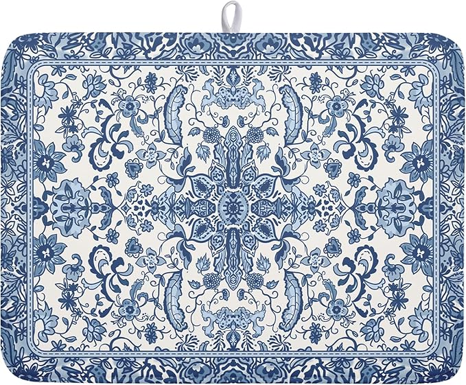 Chinoiserie Floral Dish Drying Mat for Kitchen Counter Blue and White Flowers Pattern Dish Drying Pad 18”x24”Absorbent Reversible Seasonal Decor Dishes Drainer Pad Dish Dry Rack Mat for Counter top