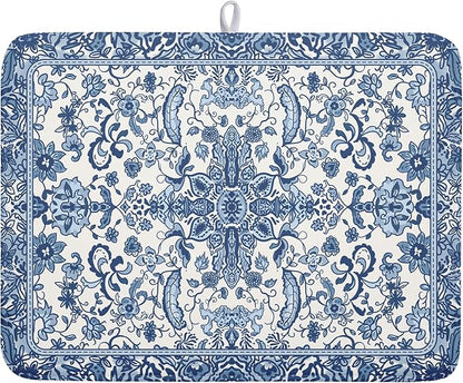Chinoiserie Floral Dish Drying Mat for Kitchen Counter Blue and White Flowers Pattern Dish Drying Pad 18”x24”Absorbent Reversible Seasonal Decor Dishes Drainer Pad Dish Dry Rack Mat for Counter top