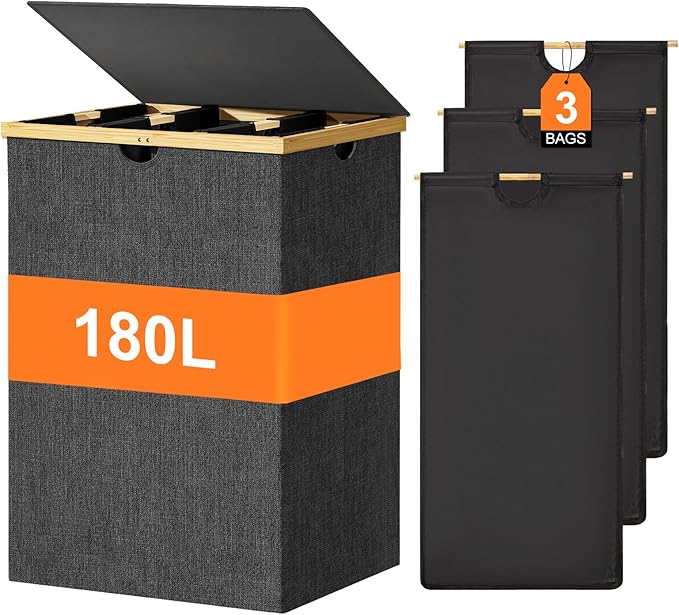WOWLIVE 180L Laundry Hamper 3 Section, Bamboo Laundry Basket with lid, Extra Large Dirty Clothes Hamper with Removable Bags, Laundry Bin Organizer Storage for Dorm Bedroom Bathroom, Black