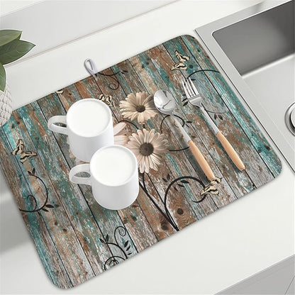 Spring Daisy Dish Drying Mat for Kitchen Counter 18 x 24 Inch Vintage Farmhouse Dish Drainer Mat Absorbent Microfiber Shabby Chic Flowers Dish Rack Pad for Coffee Dining Bar Decor