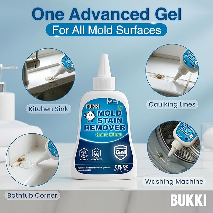 BUKKI Professional Mold Stain Remover Gel (7 FL OZ), Heavy Duty Thick Gel for Shower Grout, Front Load Washer Seals, Caulking, Bathrooms, Sinks and Tile