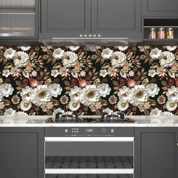 Vintage Wallpaper Peel and Stick Dark Floral Contact Paper 17.5in x 118in White Gold Flower Wallpaper Vinyl Waterproof Self Adhesive Boho Leaf Botanical Wall Paper for Bedroom Cabinet Table Decoration