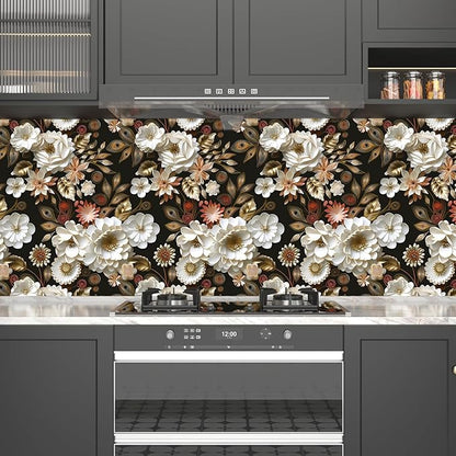 White Gold Floral Wallpaper Peel and Stick Dark Flower Contact Paper 17.5in x 393in Vintage Wallpaper Vinyl Waterproof Self Adhesive Boho Leaf Botanical Wall Paper for Bedroom Cabinet Table Decoration
