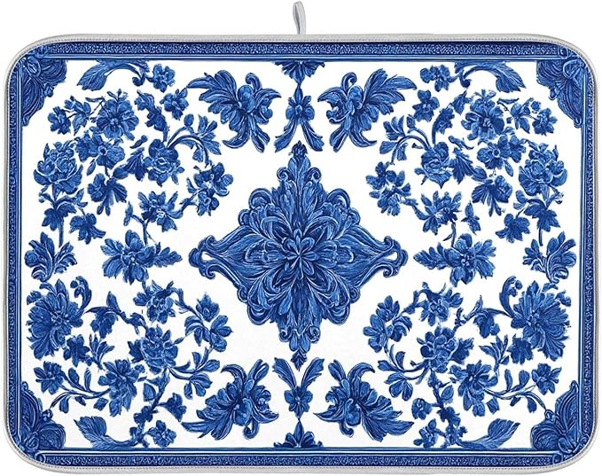 Blue White Porcelain Floral Dish Drying Mat for Kitchen Countertop 18x24 Rectangle Large Drying Mat Reusable Quick Dry Dish Sink Absorbent Mats Dishwasher Easy Clean Decorative Home Decor Essentials