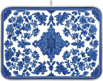 Blue White Porcelain Floral Dish Drying Mat for Kitchen Countertop 18x24 Rectangle Large Drying Mat Reusable Quick Dry Dish Sink Absorbent Mats Dishwasher Easy Clean Decorative Home Decor Essentials