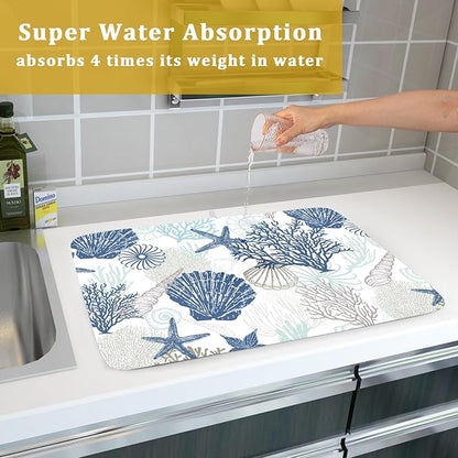 Summer Navy Blue Dish Drying Mat for Kitchen Counter 18×24 Inch Coral Drainer Pad Washable Starfish Dish Rack Pad Drainer Mat Beach Absorbent Reversible Microfiber Dish Drying Pad for Coffee Bar