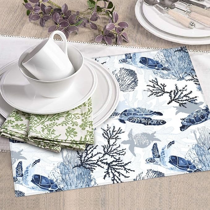 Nautical Blue White Sea Turtle & Coral Dish Drying Mats for Kitchen Counter 16 x 18 Inch, Decorative Navy Blue Dishes Pad Dish Drainer Rack Mats, Foldable Microfiber Washable Absorbent, Kitchen Decor
