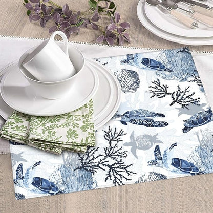 Nautical Blue White Sea Turtle & Coral Dish Drying Mats for Kitchen Counter 16 x 18 Inch, Decorative Navy Blue Dishes Pad Dish Drainer Rack Mats, Foldable Microfiber Washable Absorbent, Kitchen Decor