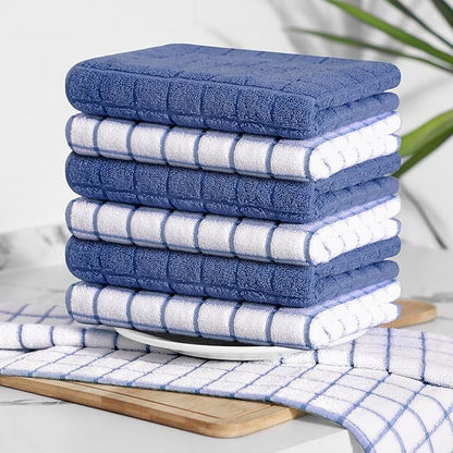 Homaxy Premium Cotton Kitchen Towels 16"x 28", Large Natural Ring Spun 390 GSM Dish Towels, Super Absorbent Terry Kitchen Hand Towels, Soft Tea Towels with Hanging Loop, Navy Blue Check Design, 6 Pack