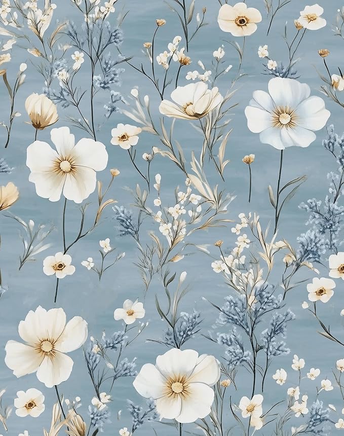 Laatse Blue Floral Peel and Stick Wallpaper White Botanical Contact Paper Vintage Leaf Wall Mural for Bedroom Bathroom Vinyl Waterproof Self Adhesive Removable Renter Dorm Wall Paper 17.5" x 118"