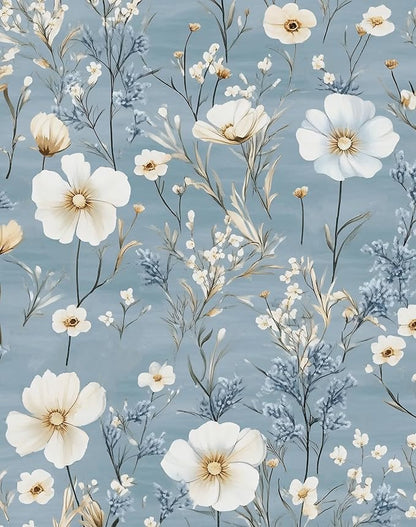 Laatse Blue Floral Peel and Stick Wallpaper White Botanical Contact Paper Vintage Leaf Wall Mural for Bedroom Bathroom Vinyl Waterproof Self Adhesive Removable Renter Dorm Wall Paper 17.5" x 118"