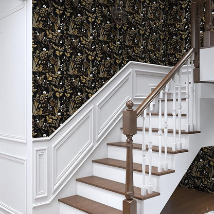 Extra Long Dark Floral Peel and Stick Wallpaper, Vintage Black Gold Leaf Wallpaper, Removable Contact Paper Self Adhesive for Bedroom Bathroom Cabinet Black Gold White 17.5In x 393In