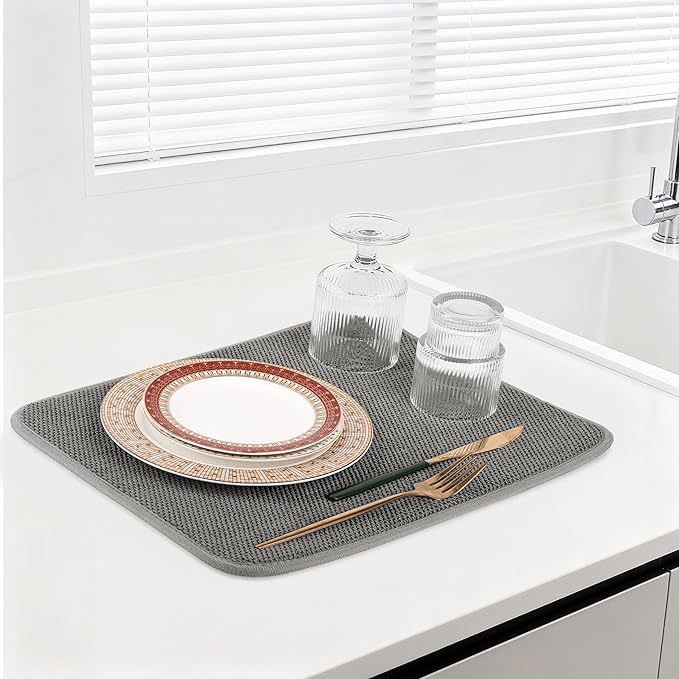 Dish Drying Mat, Microfiber Ultra-Absorbent Kitchen Counter Mat, Ideal Dish Drying Pad for Dishes, Utensils, Pots, and Pans, Gray, Small - 16"x12" (40x30cm).