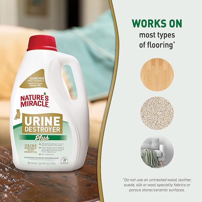 Nature’s Miracle Urine Destroyer Plus for Cats, Enzymatic Formula Tough on Strong Cat Urine And The Yellow Sticky Residue, 1 Gal
