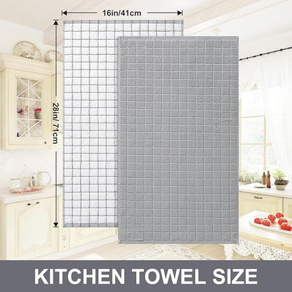 Homaxy Premium Cotton Kitchen Towels 16"x 28", Large Natural Ring Spun 390 GSM Dish Towels, Super Absorbent Terry Kitchen Hand Towels, Soft Tea Towels with Hanging Loop, Light Grey Check, 12 Pack