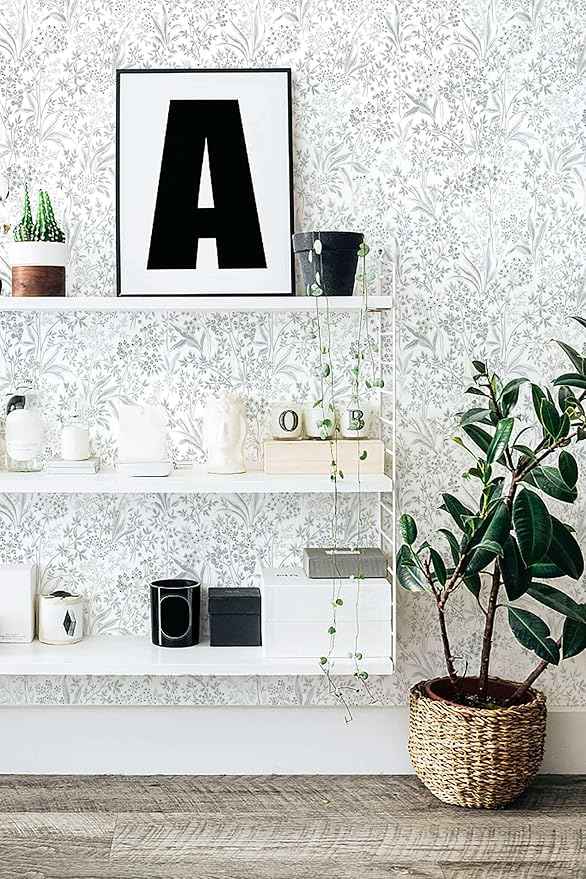 Heroad Boho Peel and Stick Wallpaper Floral Contact Paper for Cabinets Drawers 15.5''x196'' Grey Wall Paper Waterproof Self Adhesive Leaf Wallpaper for Bedroom Bathroom Removable Decor Vinyl Roll