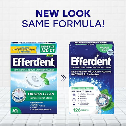 Efferdent Retainer Cleaning Tablets, Denture Cleaning Tablets for Dental Appliances, Minty Fresh & Clean, 126 Count (Pack of 2)