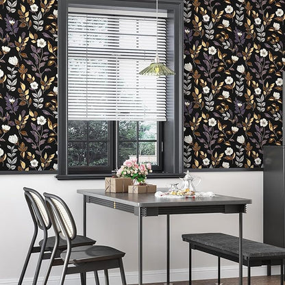 Fvlow Dark Floral Wallpaper Peel and Stick Vintage Gold Leaf Contact Paper Black Floral Wallpaper Waterproof Self-Adhesive Wall Covering for Bedroom Countertop Desk Cabinets 17.4" x 393"