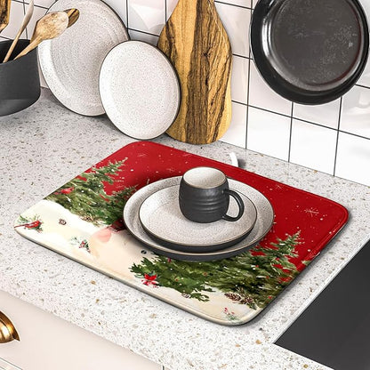 Christmas Snowman Dish Drying Mat for Kitchen Counter 16x18 Inch Watercolor Xmas Tree Bird Print Absorbent Reversible Microfiber Drying Mats Kitchen Countertop Protector Dishes Drainer Rack Pad