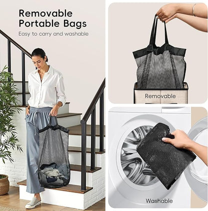 100L Laundry Hamper with Lid, Large Clothes Hampers with Removable Bag, Collapsible Laundry Basket for Bathroom, Bedroom, Laundry Room, Dorm, Beige