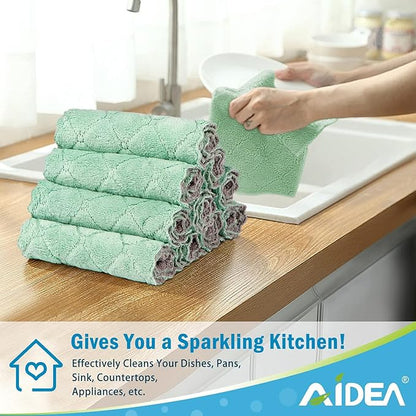 AIDEA Kitchen Towels, 12 Pack Absorbent Coral Fleece Dish Towels, No Odor Reusable Dish Cloths, Microfiber Cleaning Cloths, Fast Drying Dishcloths, 6.3" x10.4"