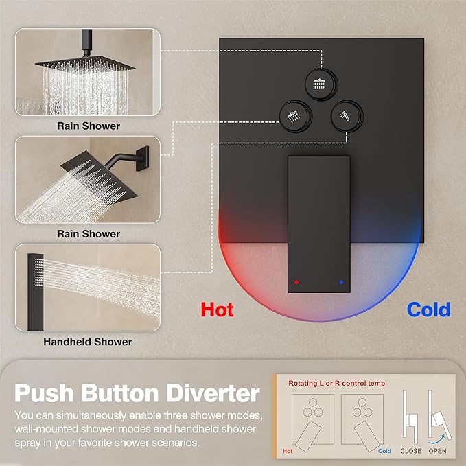 Black Shower System, Shower Faucet Set with 3 In 1 Push Button Valve, Shower Faucet included 10" Ceiling Shower Head and 8" Wall-Mount Shower Head with Handheld Spray, Matte Black