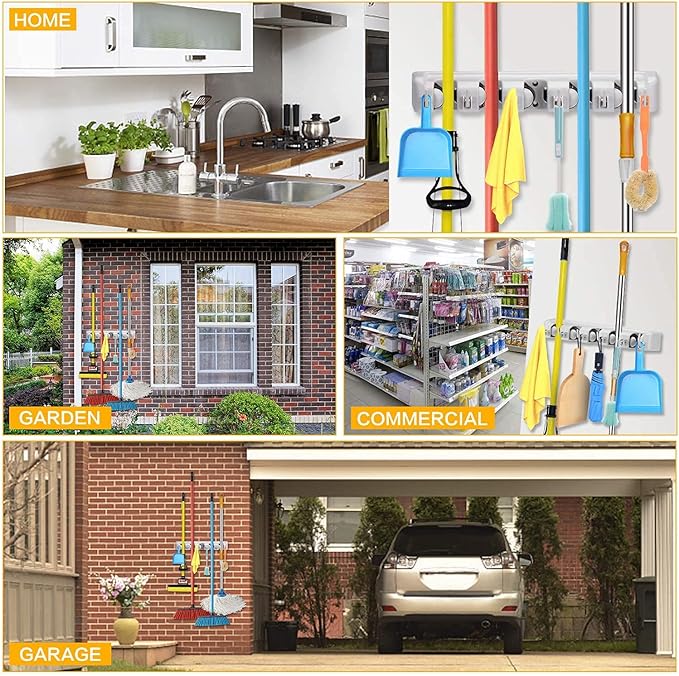 Berry Ave 5 Racks 6 Hooks Mop and Broom Holder Wall Mount, Broom Organizer Storage Tool Rack, Heavy Duty Wall Mount for Brooms and Mops, Utility Closet Garage Kitchen Laundry Organizer