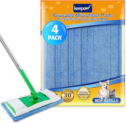Reusable Mop Pad (UP to 100X) for Swiffer Sweeper Mop, 4 Pack 12.5'' Microfiber Mop Pad Refill Washable for Hard Floor Baseboard Cleaning, Wet/Dry Cleaning Pad