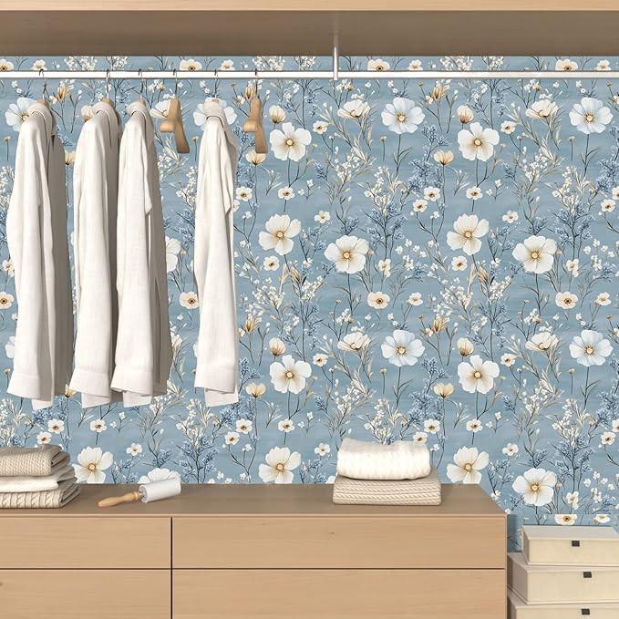 Laatse Blue Floral Peel and Stick Wallpaper White Botanical Contact Paper Vintage Leaf Wall Mural for Bedroom Bathroom Vinyl Waterproof Self Adhesive Removable Renter Dorm Wall Paper 17.5" x 118"