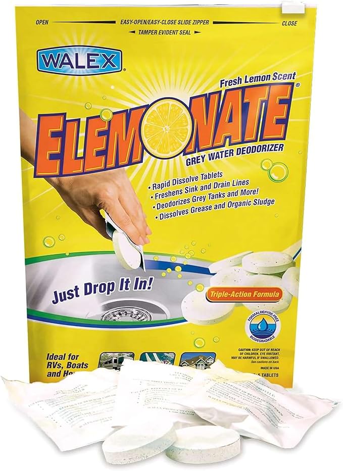Walex Elemonate Grey Water Tank Deodorizer & Freshener - Freshens Sink & Drain Lines, Rapid Dissolving Drop-In Tablets, Ideal for RV's, Boats & Homes, Easy to Use - Fresh Lemon Scent, 5 Pack