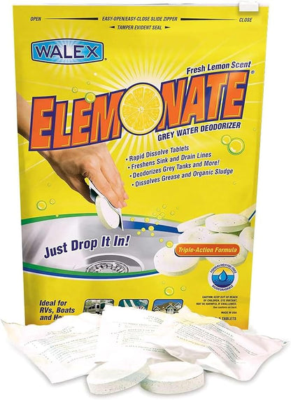Walex Elemonate Grey Water Tank Deodorizer & Freshener - Freshens Sink & Drain Lines, Rapid Dissolving Drop-In Tablets, Ideal for RV's, Boats & Homes, Easy to Use - Fresh Lemon Scent, 5 Pack