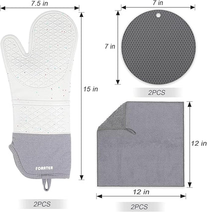 Extra Long Oven Mitts and Potholders 6Pcs Set, 500°F Heat Resistant Kitchen Oven Gloves 15'' Oven Mitts with Non-Slip Silicone Surface Soft Cotton Lining for Cooking, Baking and Grilling - Light Grey
