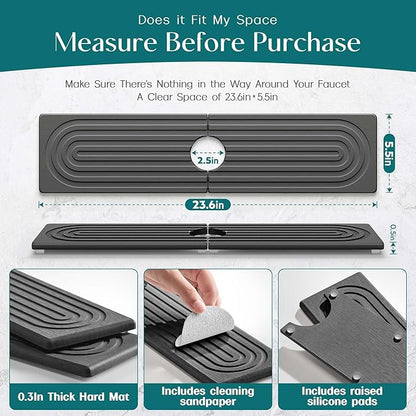 Large Faucet Mat for Kitchen Sink - Stone Drying Mat for Kitchen Counter, Diatomite Fast Drying Stone Sink Tray, Super Absorbent, Stylish Decor and Protector for Bathroom (Dark Grey, 23.6" x 5.5")