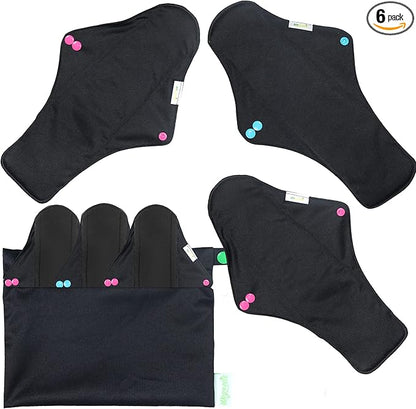 wegreeco Reusable Menstrual Pads - Reusable Sanitary Pads | Reusable Panty Liners | Soft Cloth Menstrual Pads - 6 Pack with 1 Cloth Mini Wet Bag (X-Large, Black)