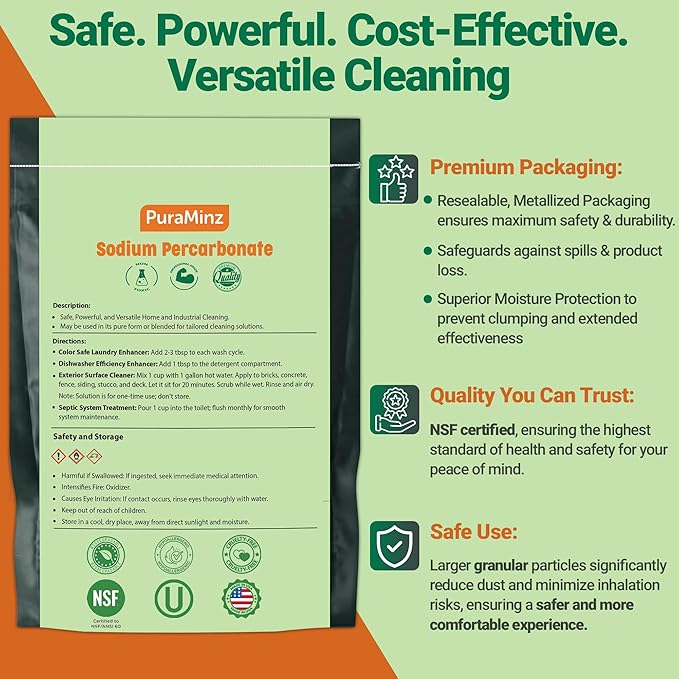 Sodium Percarbonate Powder 99.9% Purity - Oxygen Bleach, Hydrogen Peroxide Release Cleaner - Color-Safe Bleach Alternative for home and Laundry - 10 lbs
