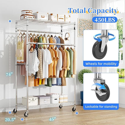 Simple Trending Rolling Clothes Rack, Clothing Rack, Garment Racks for Hanging Clothes, Freestanding Portable Closet Organizer, Heavy Duty, Max Load 450LBS, Chrome