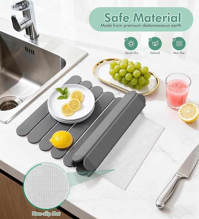 Large Stone Dish Drying Mat for Kitchen Counter, Quick Dry Diatomaceous Earth Stone Mat, Roll-Up Dish Mat for Dishes Bottles Cups, Super Absorbent & Non-Slip, 24"×16",Grey