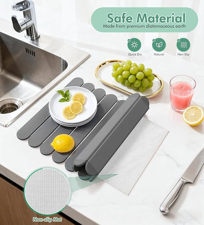 Large Stone Dish Drying Mat for Kitchen Counter, Quick Dry Diatomaceous Earth Stone Mat, Roll-Up Dish Mat for Dishes Bottles Cups, Super Absorbent & Non-Slip, 24"×16",Grey