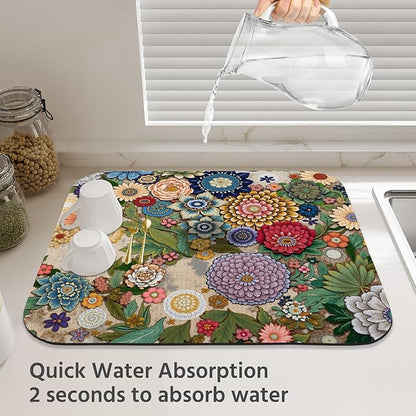 Dish Drying Mat for Kitchen Counter 16x18 Inch, Super Absorbent Dish Drainer Mat, Decorative Microfiber Dishes Drying Pad-Small(Luxurious flowers)