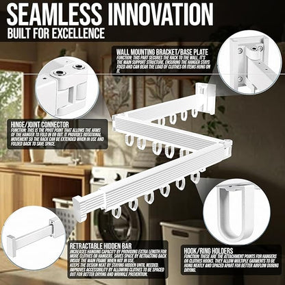 Wall Mounted Drying Rack for Laundry - Foldable Clothes Hanger Dryer with 180° Swivel, 220 lb Capacity, Aluminum Construction, Space-Saving Indoor Outdoor Organizer - White
