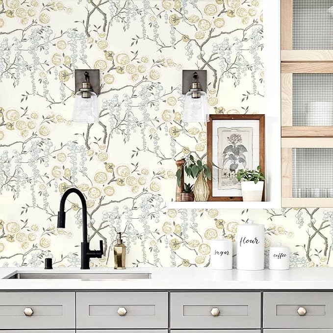 Orainege Peel and Stick Wallpaper Vintage Floral Contact Paper 17.7in ×118.1in Beige Floral Wallpaper Peel and Stick Removable Wall Paper for Bathroom Waterproof