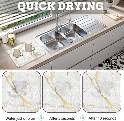 MCALK Marble White Dish Drying Mat for Kitchen Counter, Gold Dish Drying Pad with Anti-Slip Rubber Base, Absorbent Kitchen Sink Mat with Modern Art Decor (1 pc 18" x 16")